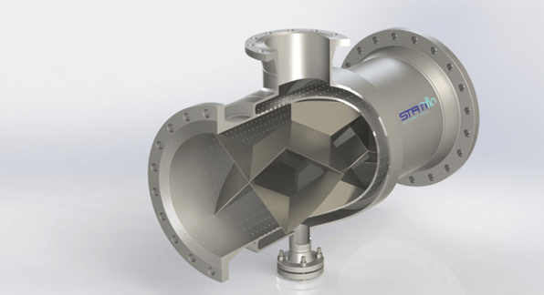 Cutaway view of a static mixer designed for direct steam injection and industrial steam heating applications.