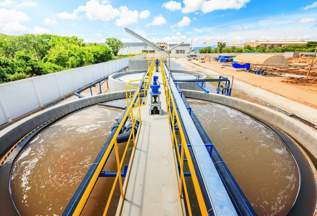 An undergoing wastewater process taking place on a site where flocculation has taken place with a static mixer.  