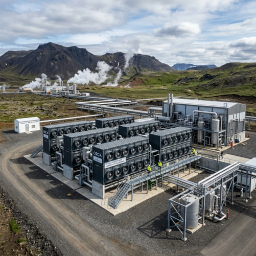 Industrial carbon capture facility using static mixers in a mountainous geothermal landscape. 