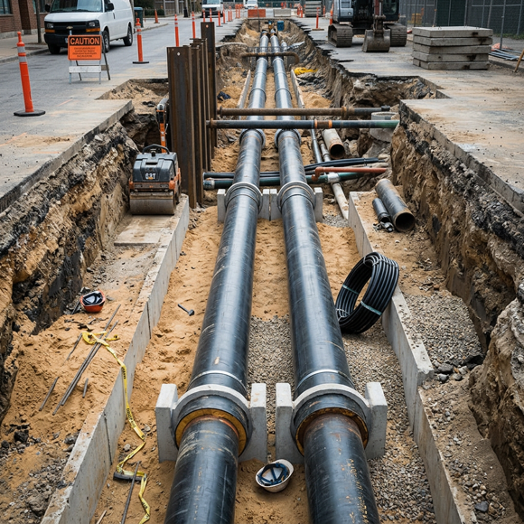 Large insulated district heating pipelines being installed in an urban trench excavation, with a district heat network design where static mixers improve temperature uniformity. 